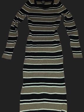 Derek Heart Long-Sleeve Striped Knit Dress in Black, Tan, and Cream